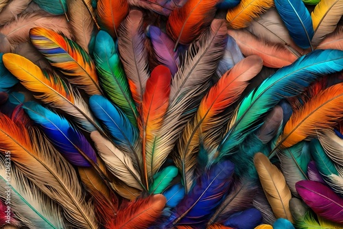 close up of feathers of different colors as background 