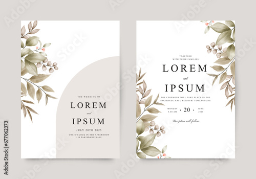 Elegant wedding invitation with watercolor leaves