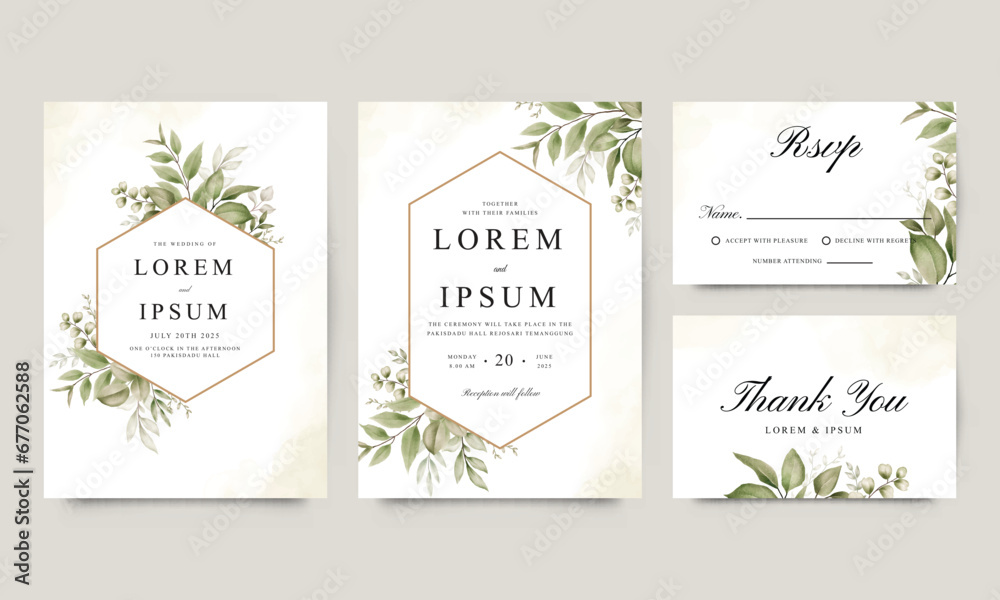 Wedding invitation set template with elegant leaves