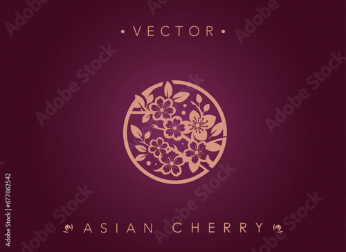 Round Asian Cherry Blossom Emblem on Maroon