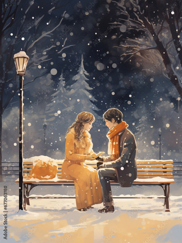 Φωτογραφία An Illustration Of A Couple Exchanging Gifts On A Snowy Park Bench The Ground Gl