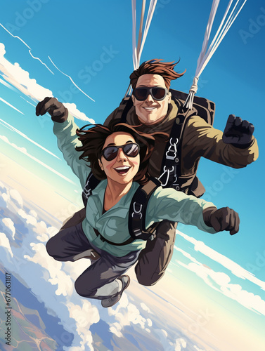 An Illustration Of A Couple Giving Each Other Adventure Experience Gifts Like Skydiving Or Scuba Diving