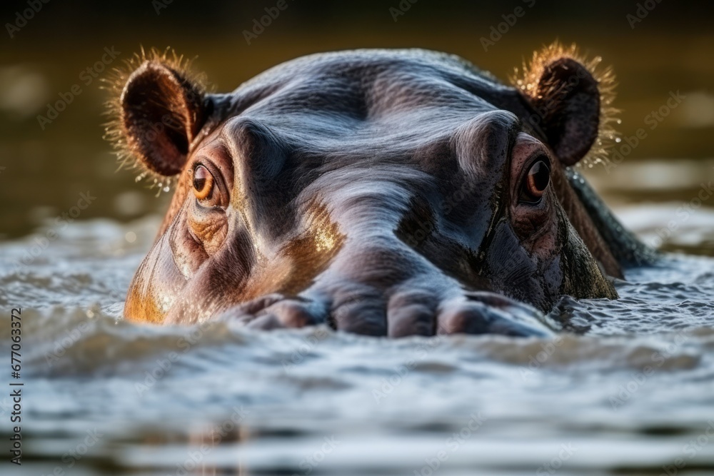 Fototapeta premium Hippopotamus water closeup morning bath. Big africa natural mammal. Generate Ai