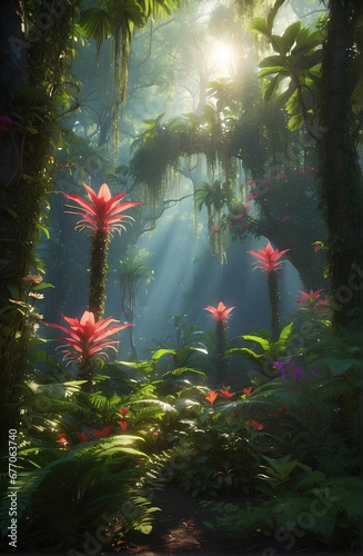 A mysterious forest with blooming outer space flowers.