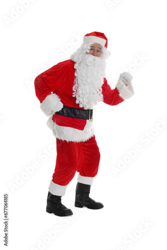 Man in Santa Claus costume posing on white background