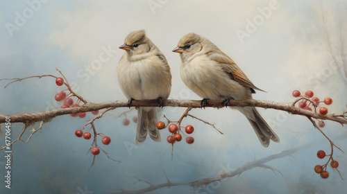 two birds on a branch with red berries