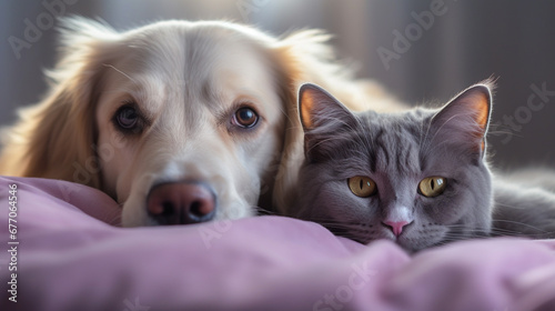a dog with a cat laying on the bed