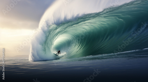 a person riding on a large wave in the ocean