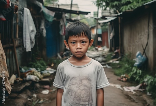 Little boy standing in poor messy district. Child poverty and pollution neighborhood disorder. Generate ai