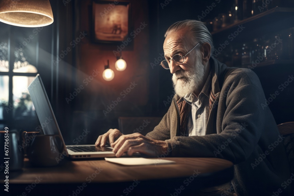 Senior man working laptop. Office room evening light. Generate Ai