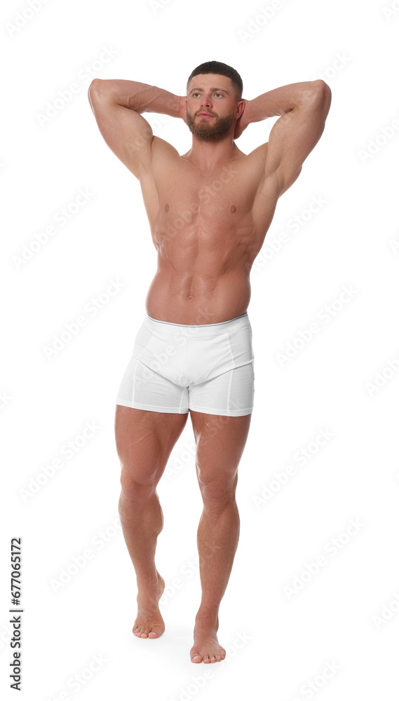 Young man is stylish underwear on white background Young man is stylish underwear on white background