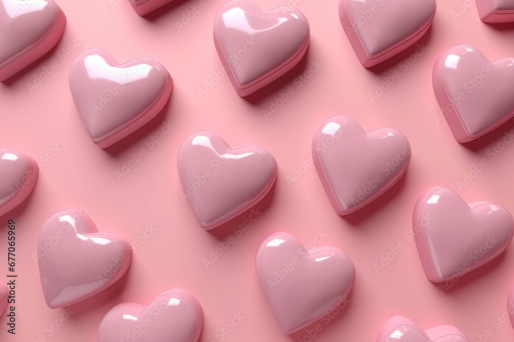Fototapeta premium Minimalistic hearts pastel pink. Multiple glossy little hearts on pink surface. Generate ai