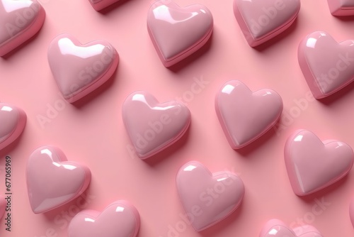 Minimalistic hearts pastel pink. Multiple glossy little hearts on pink surface. Generate ai