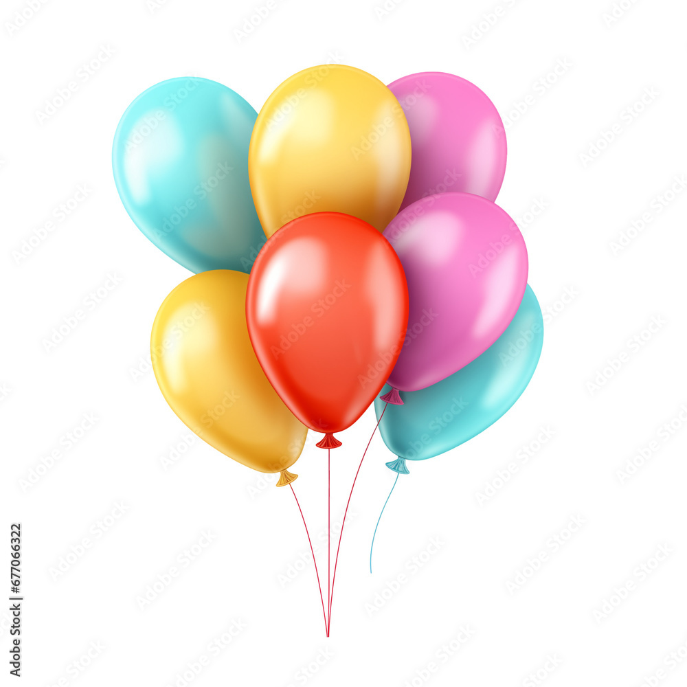 A colorful balloon bunch isolated on a white or transparent background. 3d rendering. PNG. Assortment of floating party balloons. red, yellow, pink, blue colour baloon. - obrazy, fototapety, plakaty 