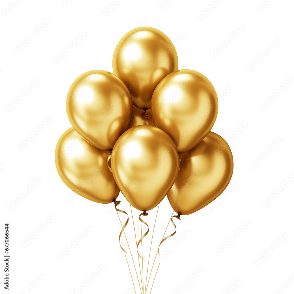Golden balloons isolated on a white or transparent background. 3d rendering. PNG. party balloons. - obrazy, fototapety, plakaty 