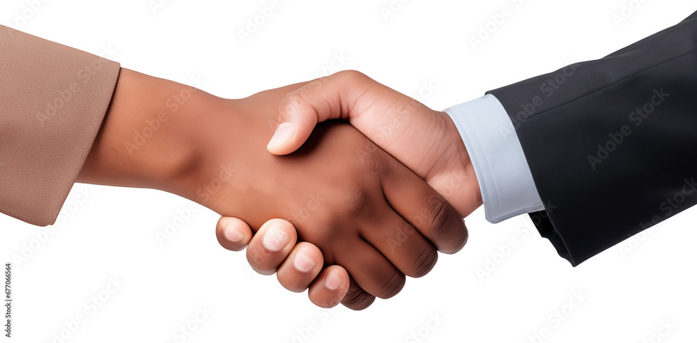 Obraz premium business handshake between businessman and businesswoman wearing suits on a transparent background. business people concepts.