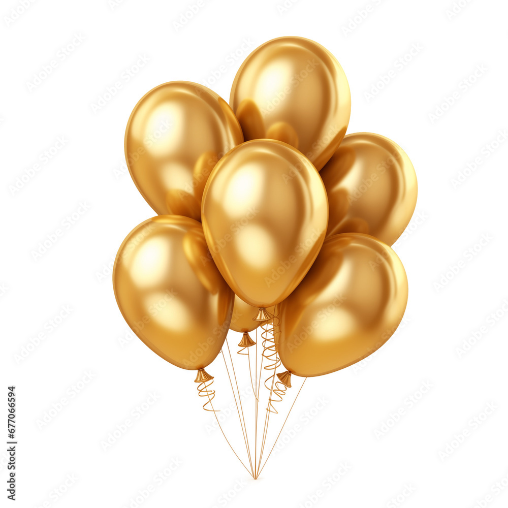 Golden balloons isolated on a white or transparent background. 3d rendering. PNG. party balloons.
