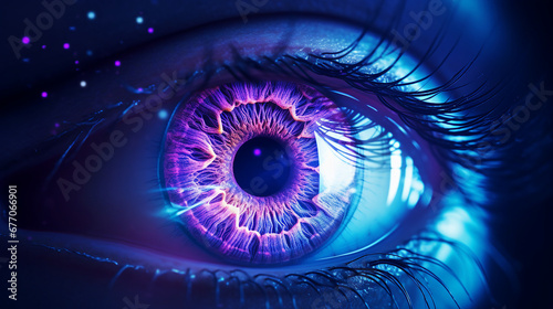purple eye macro texture, vibrant colored iris close-up photo