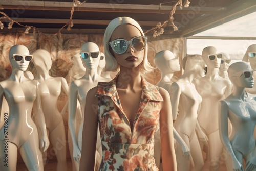Clothes mannequin party in sunlight. Store clothing warehouse with naked female dummies. Generate ai photo