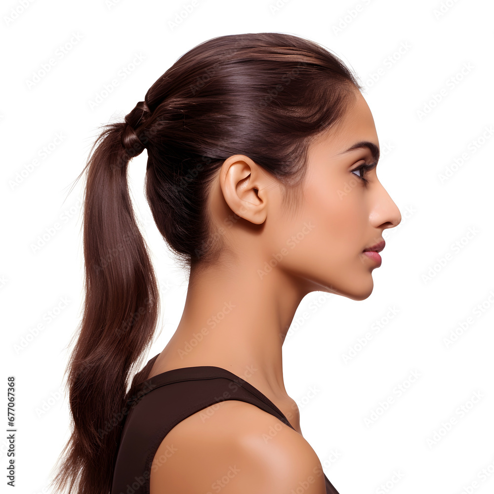 Female model with ponytail hairstyle isolated on white background Female model with ponytail hairstyle isolated on white background