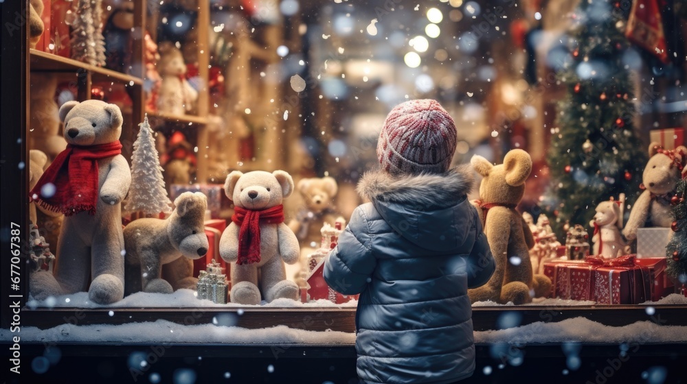 Young girl in winter hat stands close to Christmas-themed shop window. Child's delight with festive displays.