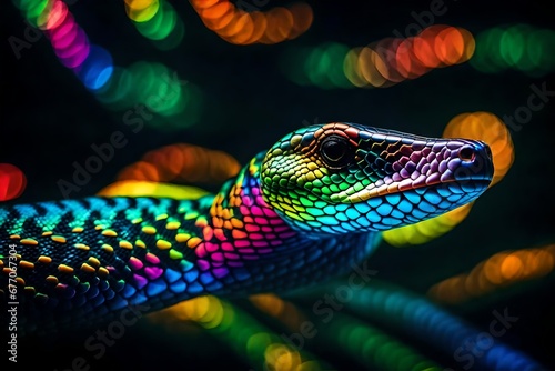 green snake on black background colourful illustion background,snake in the background ,snake on a branch ,green lizard on a black background,chameleon on a black ,colourful tubes background © Creative