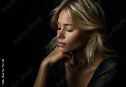 Dramatic portrait of a young beautiful blonde woman in dark colors. Women's beauty and fashion.