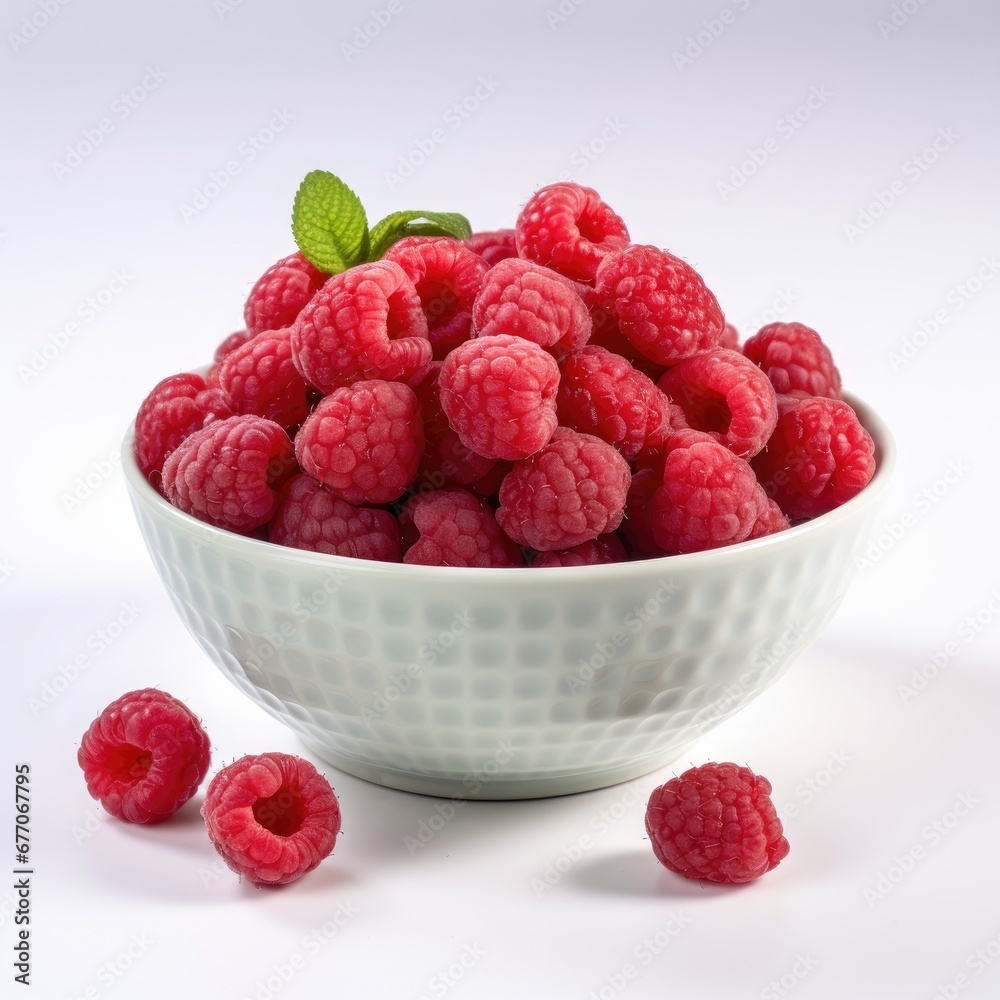fresh rasperries in a white bowl on studio background fresh rasperries in a white bowl on studio background