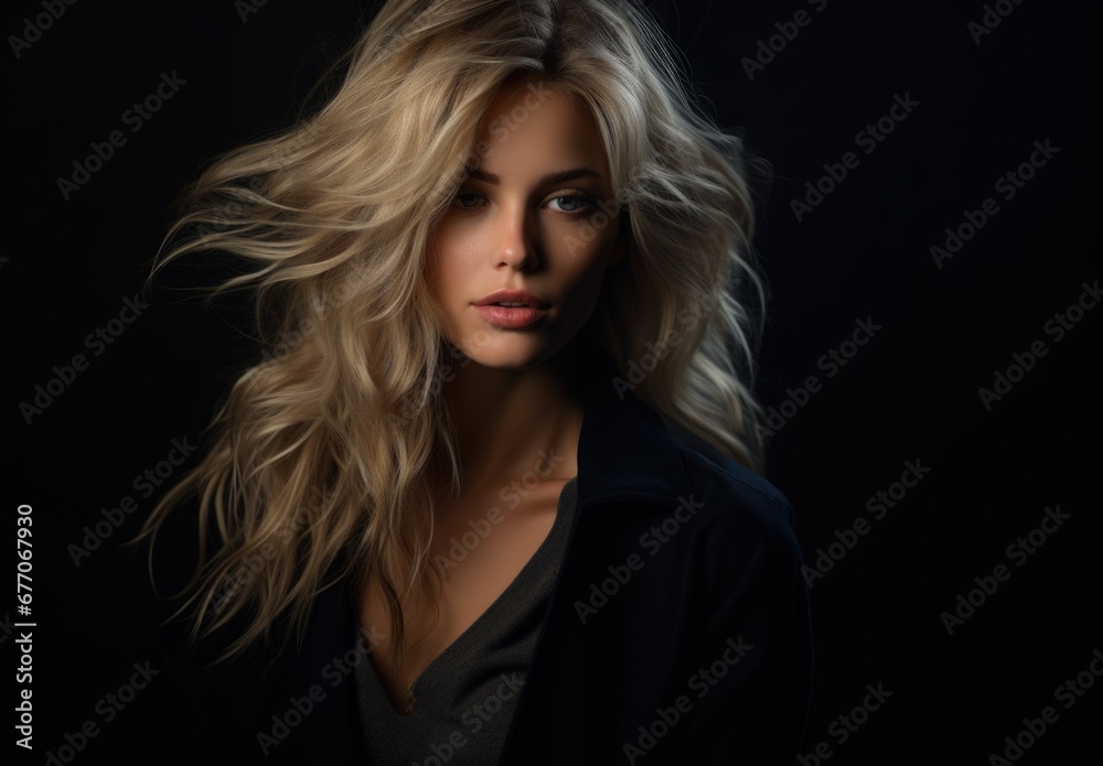 Dramatic portrait of a young beautiful blonde woman in dark colors. Women's beauty and fashion.