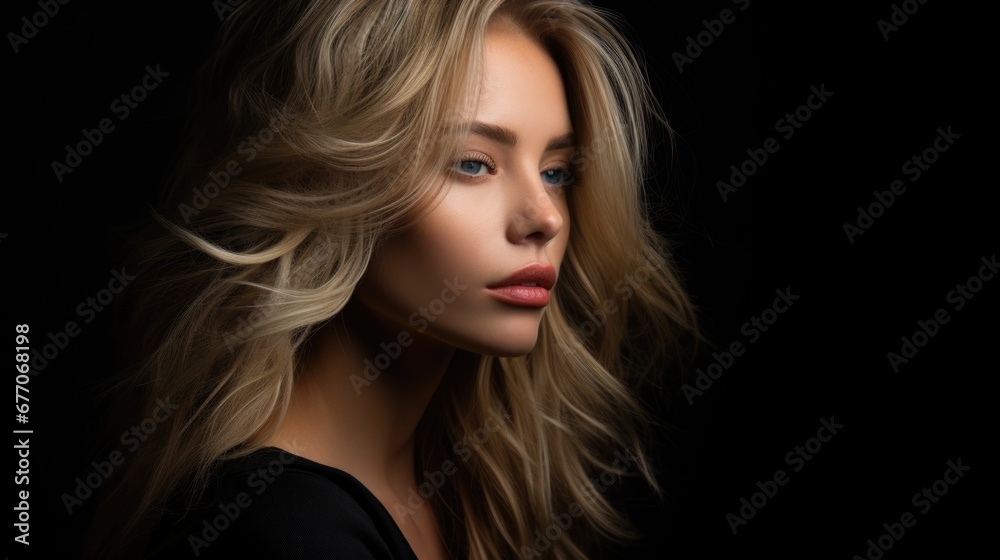 Dramatic portrait of a young beautiful blonde woman in dark colors. Women's beauty and fashion. Dramatic portrait of a young beautiful blonde woman in dark colors. Women's beauty and fashion.
