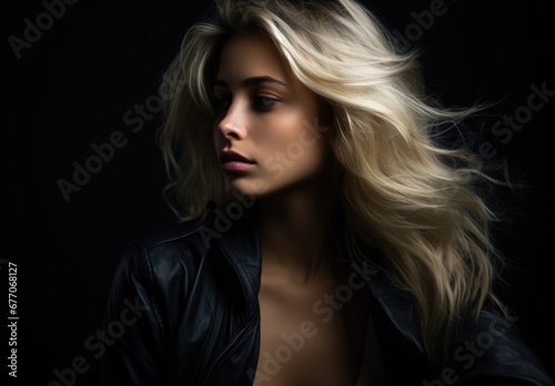 Dramatic portrait of a young beautiful blonde woman in dark colors. Women s beauty and fashion.