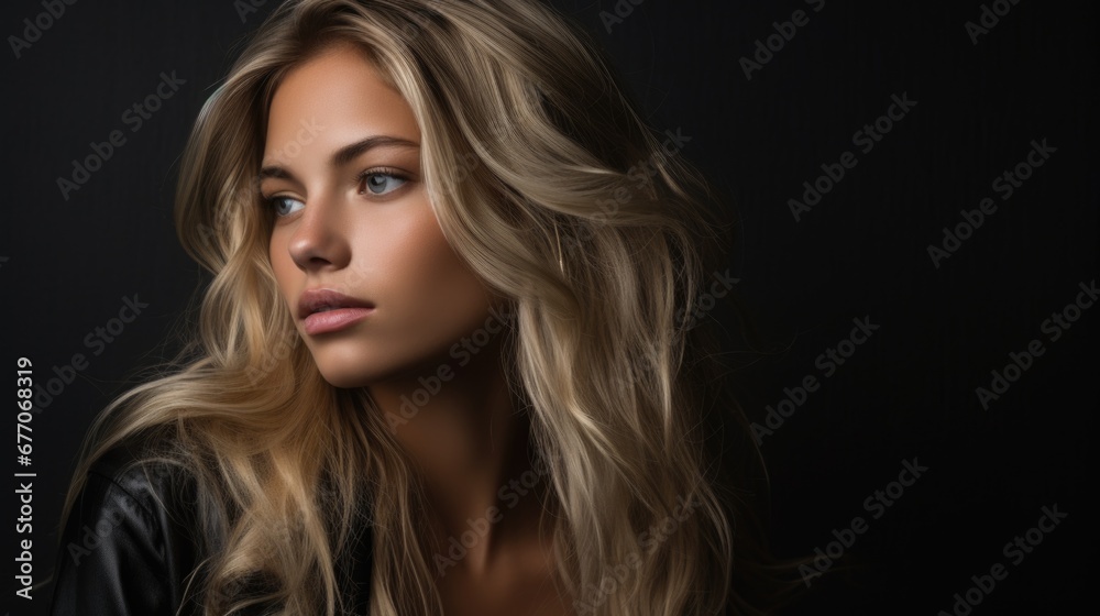 Dramatic portrait of a young beautiful blonde woman in dark colors. Women's beauty and fashion. Dramatic portrait of a young beautiful blonde woman in dark colors. Women's beauty and fashion.