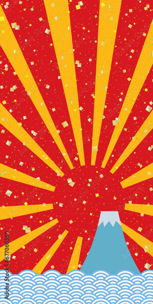 富士山 初日の出 青海波に金箔と紙吹雪のバナー 背景/縦長02・赤・黄色