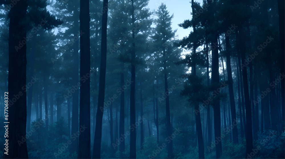This image depicts a foggy forest at night. The fog is thick and obscuring, and it creates a sense of mystery and intrigue. The trees are tall and slender This image depicts a foggy forest at night. The fog is thick and obscuring, and it creates a sense of mystery and intrigue. The trees are tall and slender