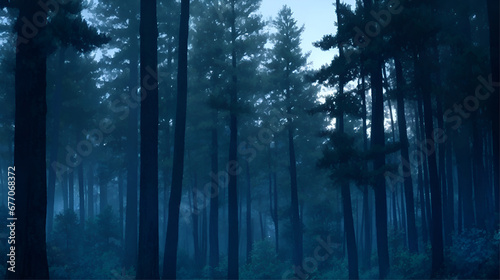 This image depicts a foggy forest at night. The fog is thick and obscuring, and it creates a sense of mystery and intrigue. The trees are tall and slender