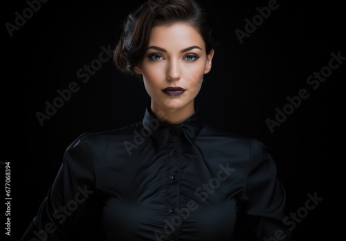 Dramatic portrait of a young beautiful woman in dark colors. Women's beauty and fashion.