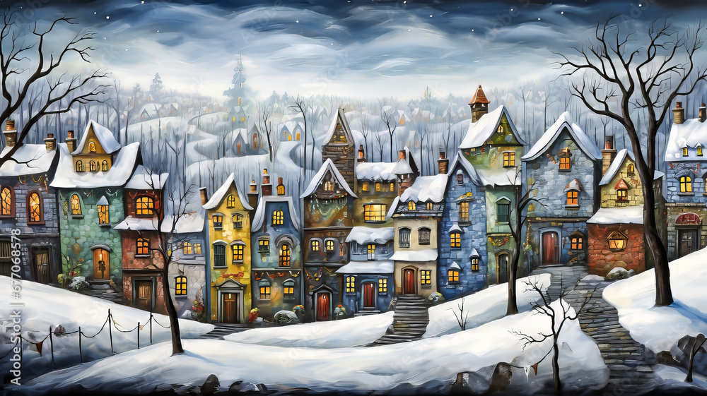 Fototapeta premium Somber Winter Village Painting. Generated Image. A digital rendering of a painting of a somber village in winter.
