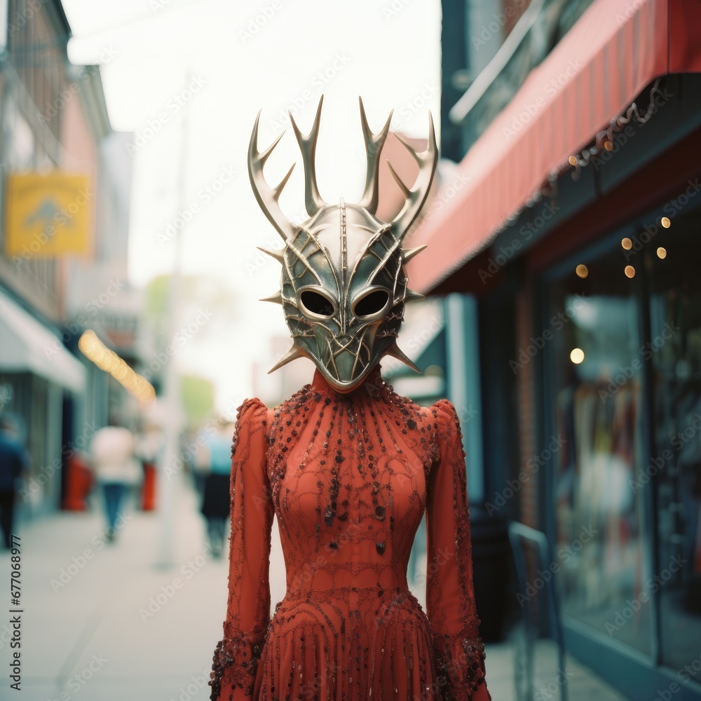 Φωτογραφία A woman wearing scarlet, crimson lacy dress and a silver shiny mask with horns posing in the street