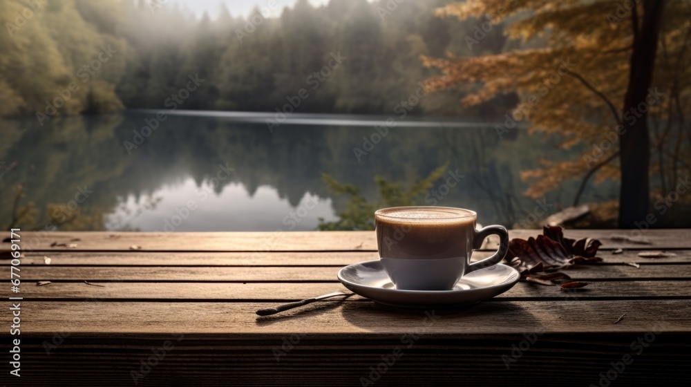 Cup filled with hot beverage on wooden table, calm lake with reflecting autumnal trees, golden hour sky. Seasonal relaxation in nature.
