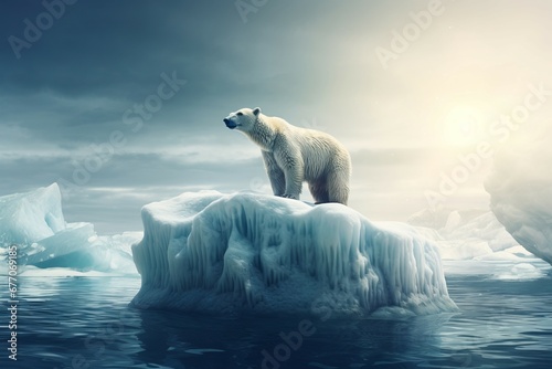 Polar bear on floating iceberg. Maritimus cold snowy danger sea. Generate Ai photo