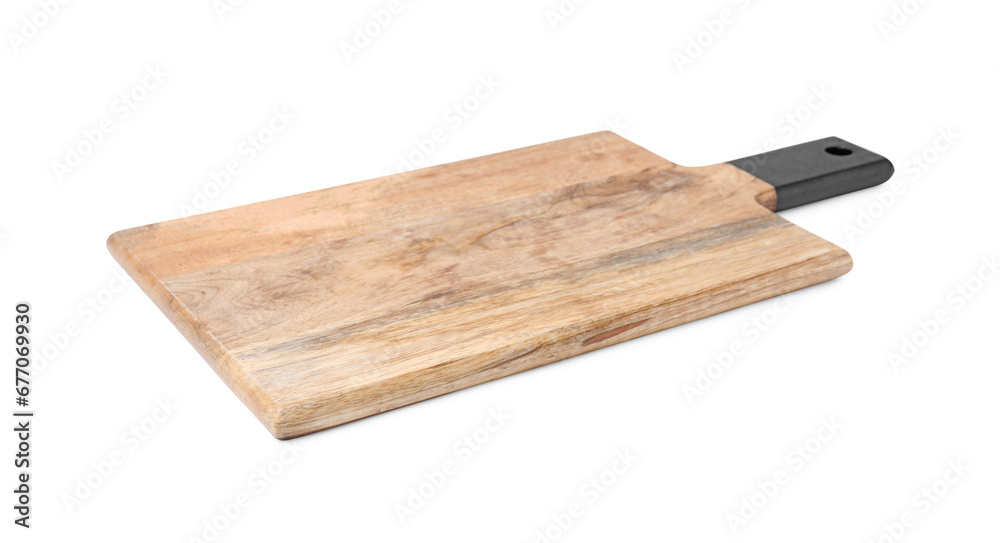 One wooden cutting board isolated on white. Cooking utensils