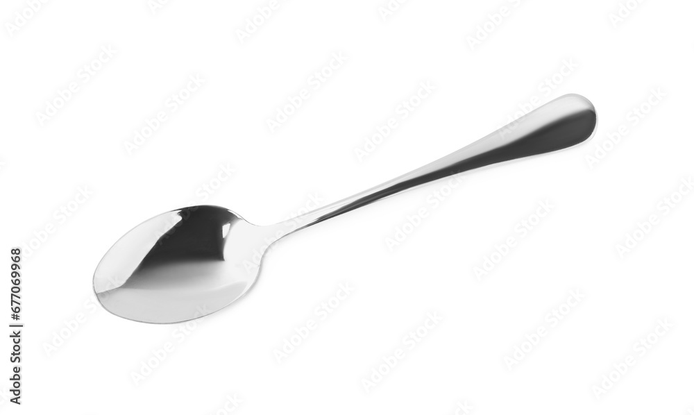 One clean shiny spoon isolated on white, top view. Cooking utensil One clean shiny spoon isolated on white, top view. Cooking utensil