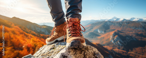 Close up sneakers in the mountain climbing photo