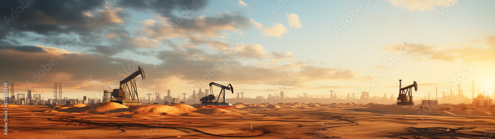 Ultra-wide photograph of a Oil Pumpjack on the background of Desert oil rigs in the Arab desert. Banner