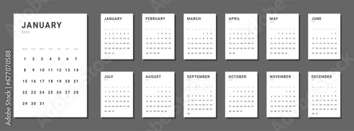 Set of monthly calendar planner page templates for 2024. Isolated Vector layout minimalist of wall or desk calendar with week start on Monday for print. Page for size A4 or 21x29.7 cm