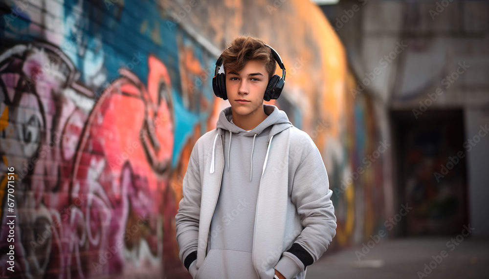 Fototapeta premium Teenage boy listening to music on large headphones.