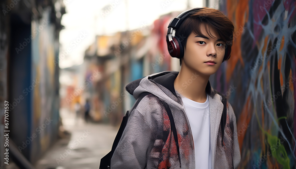 Teenage boy listening to music on large headphones.