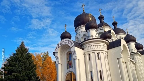 Baranovichi, Belarus - 10.14.2023 - Slow motion of the main orthodox church at the city center. Outtdoors photo