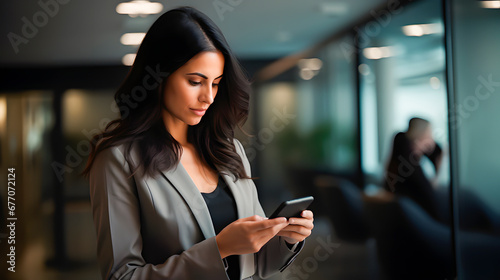 Latina businesswoman in gray suit looking at her smartphone