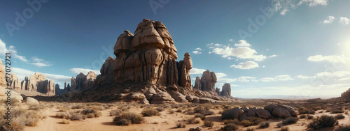 Wide angle panorama of an alien desert planet with strange rocks and a sky background with clouds and sun beams in the sky above them